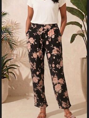 Angie Beach pants floral rose summer rayon pants L